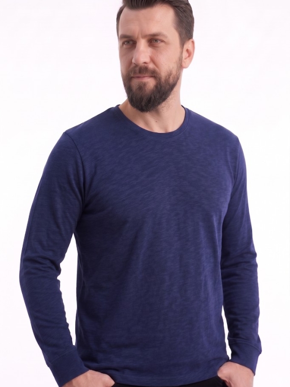 Lacivert %100 Pamuk Penye Yuvarlak Yaka T-shirt Uzun Kol