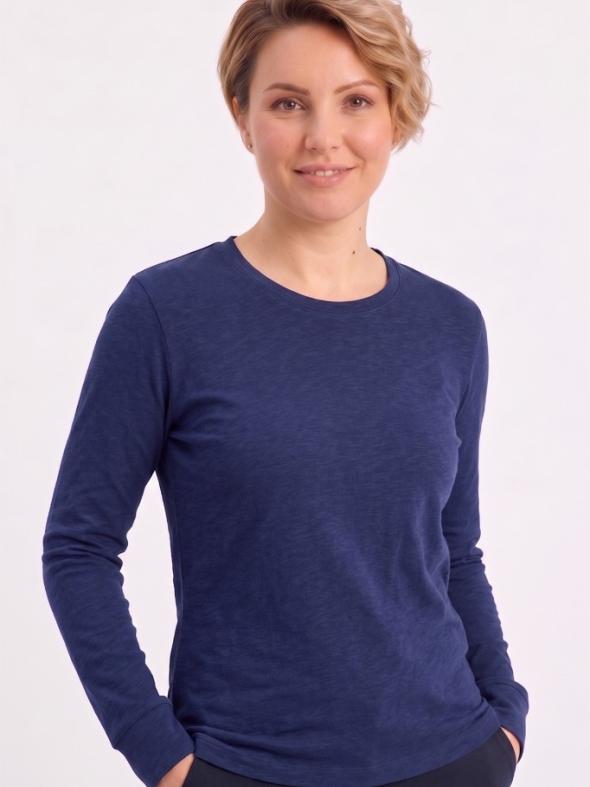 Lacivert %100 Pamuk Penye Yuvarlak Yaka T-shirt Uzun Kol