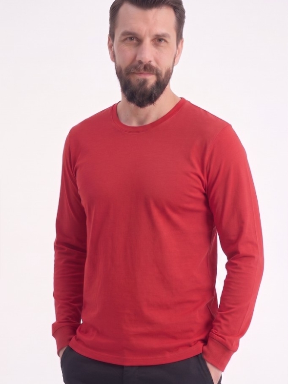 Kırmızı %100 Pamuk Penye Yuvarlak Yaka T-shirt Uzun Kol