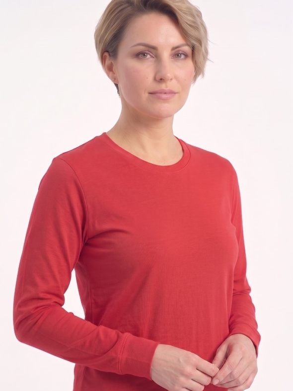 Kırmızı %100 Pamuk Penye Yuvarlak Yaka T-shirt Uzun Kol