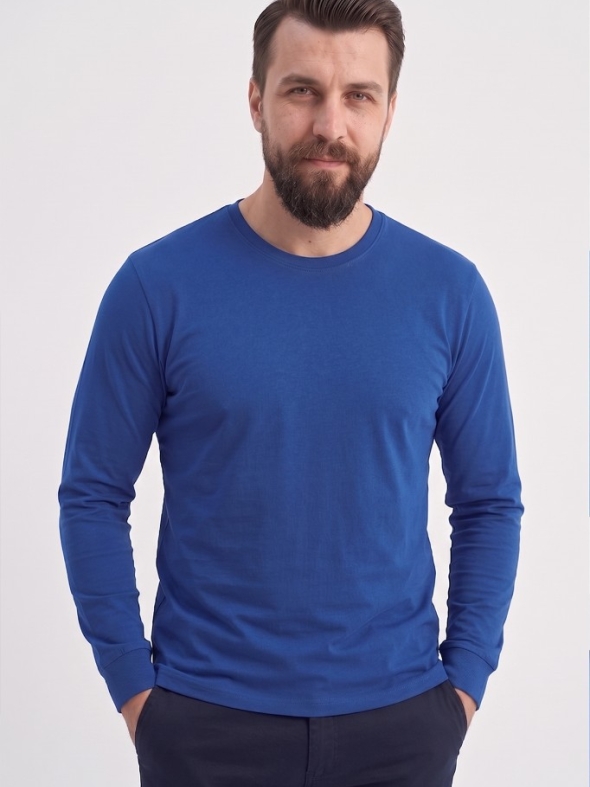 Saks Mavisi %100 Pamuk Penye Yuvarlak Yaka T-shirt Uzun Kol