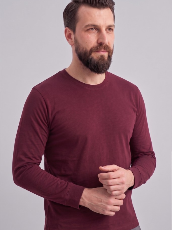 Bordo %100 Pamuk Penye Yuvarlak Yaka T-shirt Uzun Kol