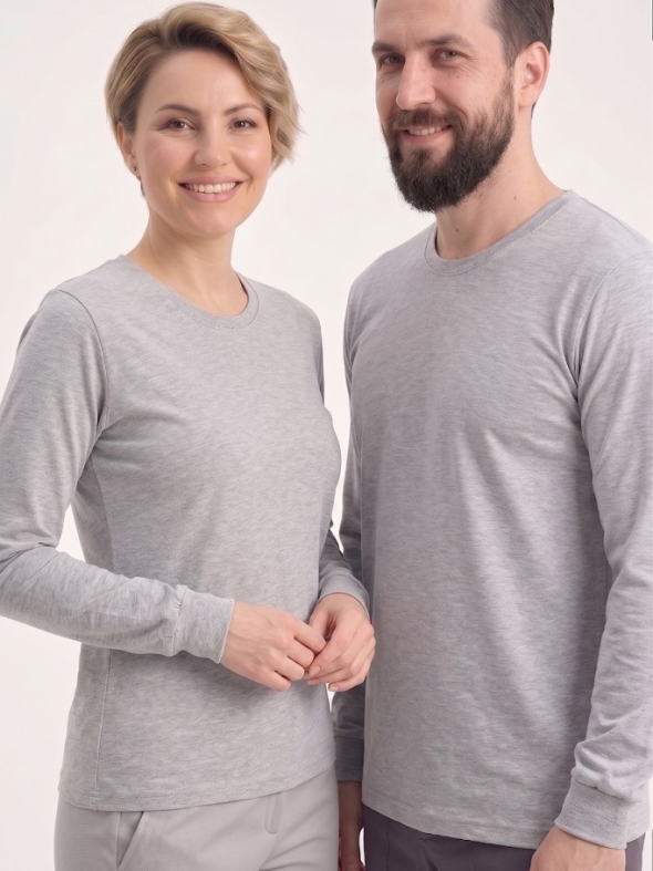Gri Melanj %100 Pamuk Penye Yuvarlak Yaka T-shirt Uzun Kol