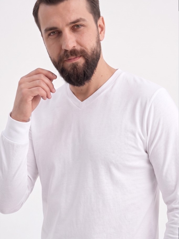 Beyaz %100 Pamuk Penye V Yaka T-shirt Uzun Kol