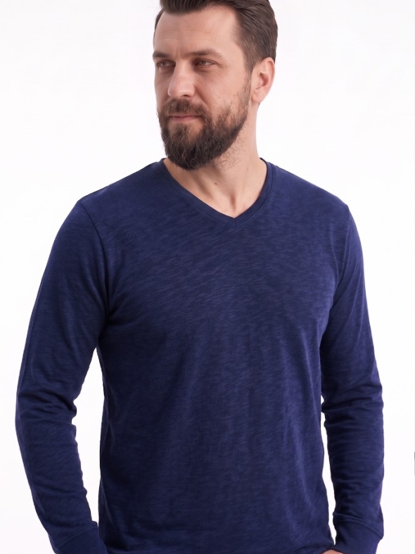 Lacivert %100 Pamuk Penye V Yaka T-shirt Uzun Kol