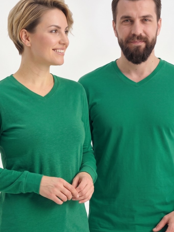 Brezilya Yeşili %100 Pamuk Penye V Yaka T-shirt Uzun Kol