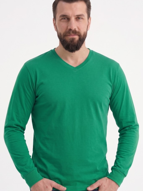 Brezilya Yeşili %100 Pamuk Penye V Yaka T-shirt Uzun Kol