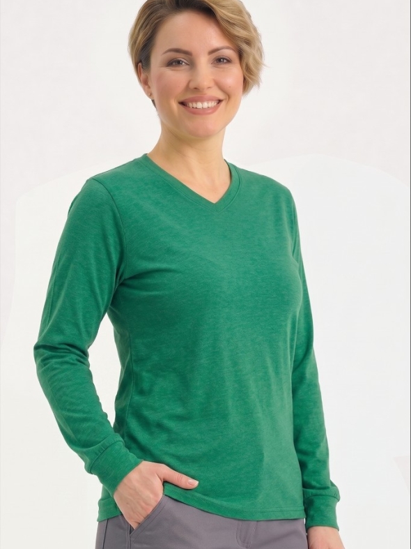 Brezilya Yeşili %100 Pamuk Penye V Yaka T-shirt Uzun Kol