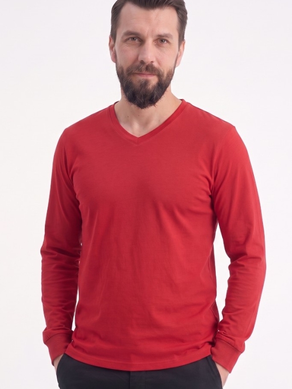 Kırmızı %100 Pamuk Penye V Yaka T-shirt Uzun Kol