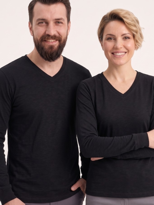 Siyah %100 Pamuk Penye V Yaka T-shirt Uzun Kol