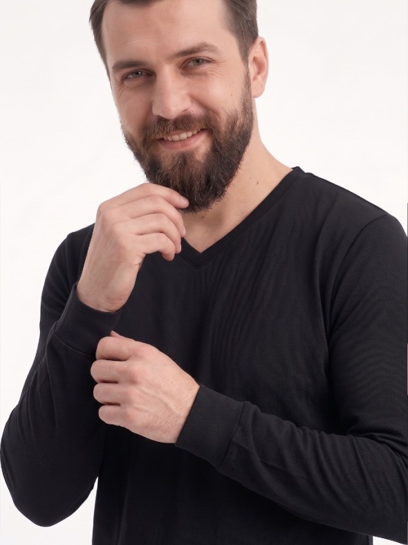 Siyah %100 Pamuk Penye V Yaka T-shirt Uzun Kol