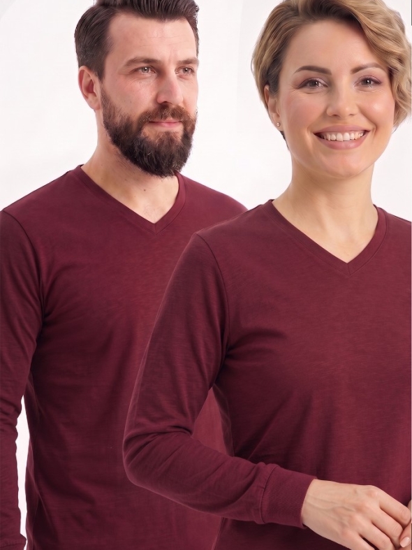 Bordo %100 Pamuk Penye V Yaka T-shirt Uzun Kol