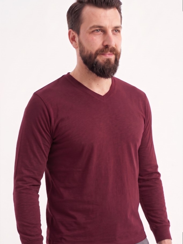 Bordo %100 Pamuk Penye V Yaka T-shirt Uzun Kol