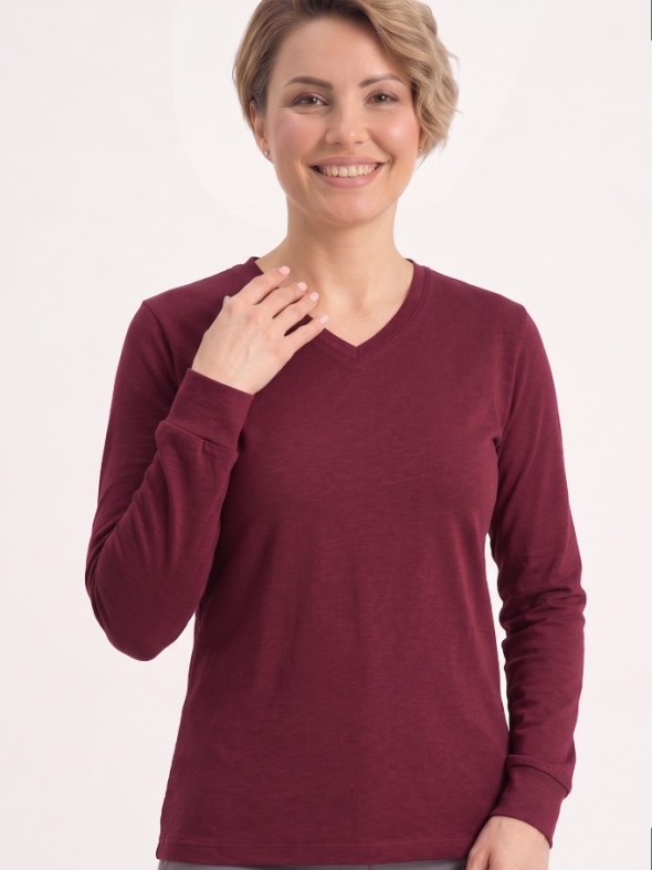 Bordo %100 Pamuk Penye V Yaka T-shirt Uzun Kol