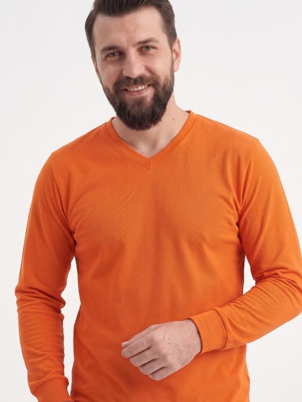 Turuncu %100 Pamuk Penye V Yaka T-shirt Uzun Kol