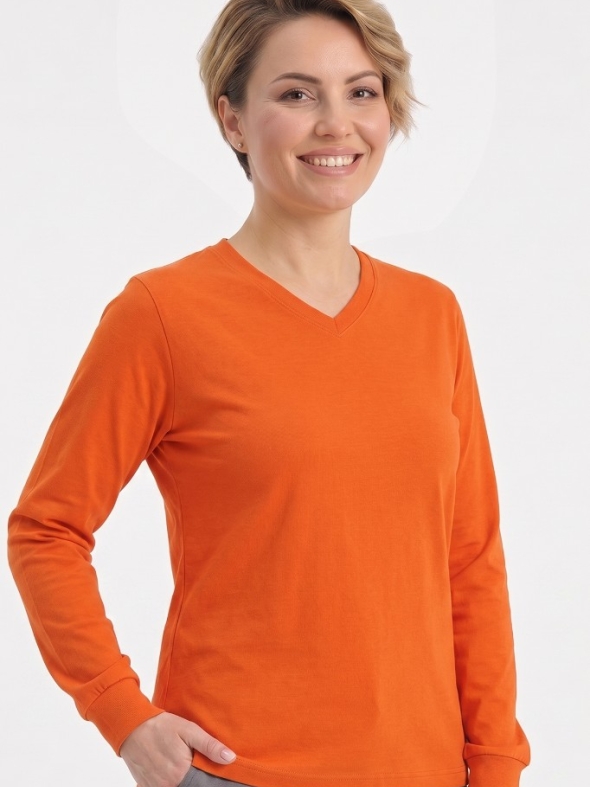 Turuncu %100 Pamuk Penye V Yaka T-shirt Uzun Kol