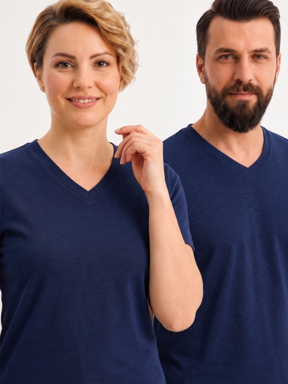 Lacivert %100 Pamuk Penye V Yaka Kısa Kol Tişört