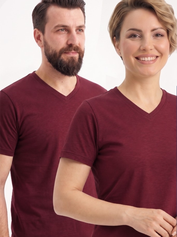 Bordo %100 Pamuk Penye V Yaka Kısa Kol Tişört