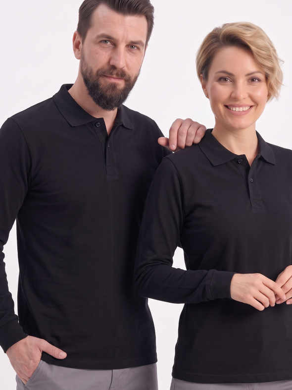 Siyah Polo Yaka Uzun Kol İş Sweatshirtü Penye Lacoste Kumaş