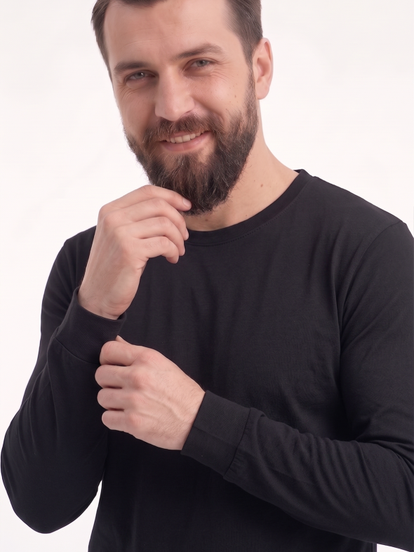 Siyah %100 Pamuk Penye Yuvarlak Yaka T-shirt Uzun Kol