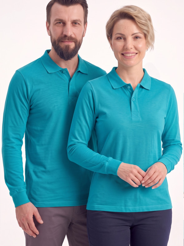 Turkuaz Polo Yaka Uzun Kol İş Sweatshirtü Penye Lacoste Kumaş