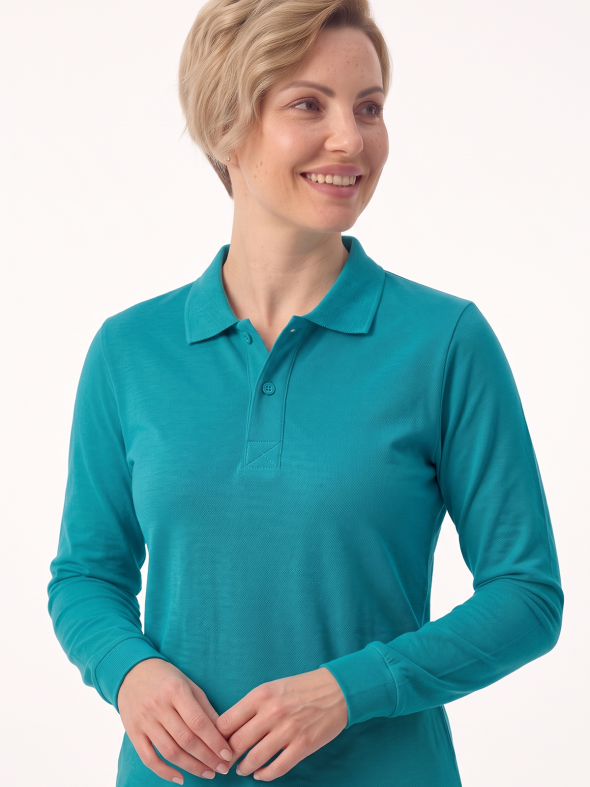 Turkuaz Polo Yaka Uzun Kol İş Sweatshirtü Penye Lacoste Kumaş