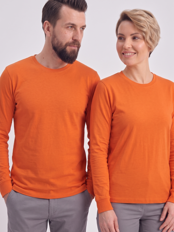 Turuncu %100 Pamuk Penye Yuvarlak Yaka T-shirt Uzun Kol