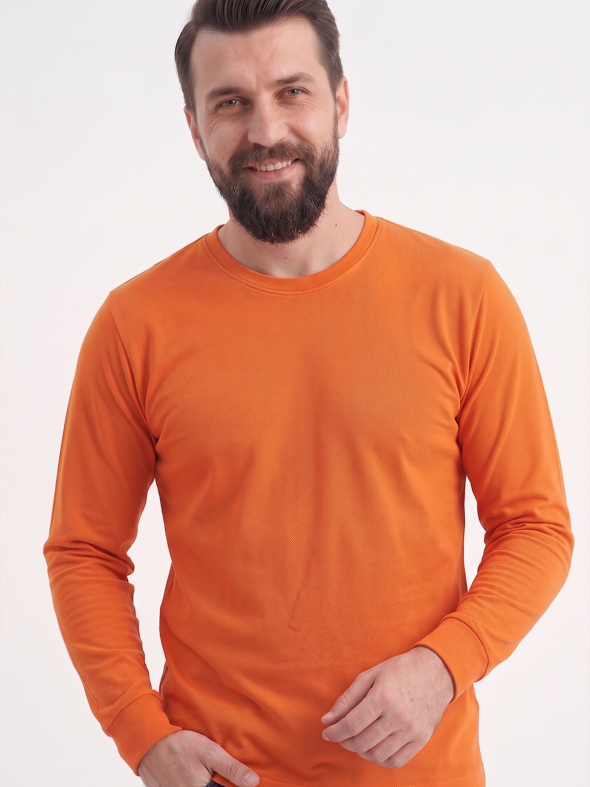 Turuncu %100 Pamuk Penye Yuvarlak Yaka T-shirt Uzun Kol