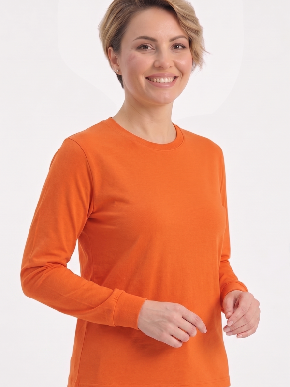 Turuncu %100 Pamuk Penye Yuvarlak Yaka T-shirt Uzun Kol