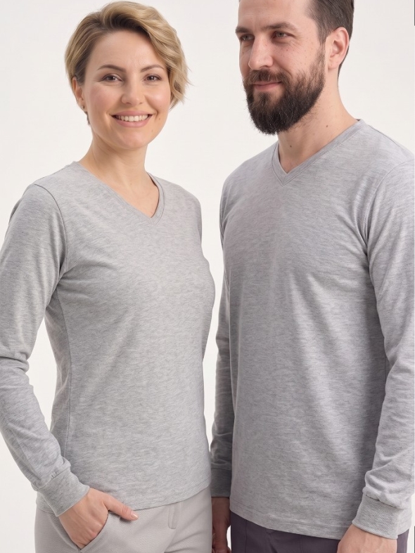 Gri Melanj %100 Pamuk Penye V Yaka T-shirt Uzun Kol