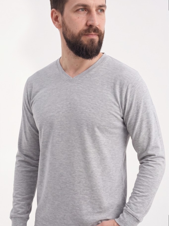 Gri Melanj %100 Pamuk Penye V Yaka T-shirt Uzun Kol