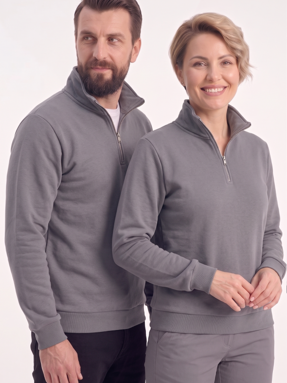 Gri Dik Yaka Yarım Fermuarlı İş Sweatshirt 3 İplik
