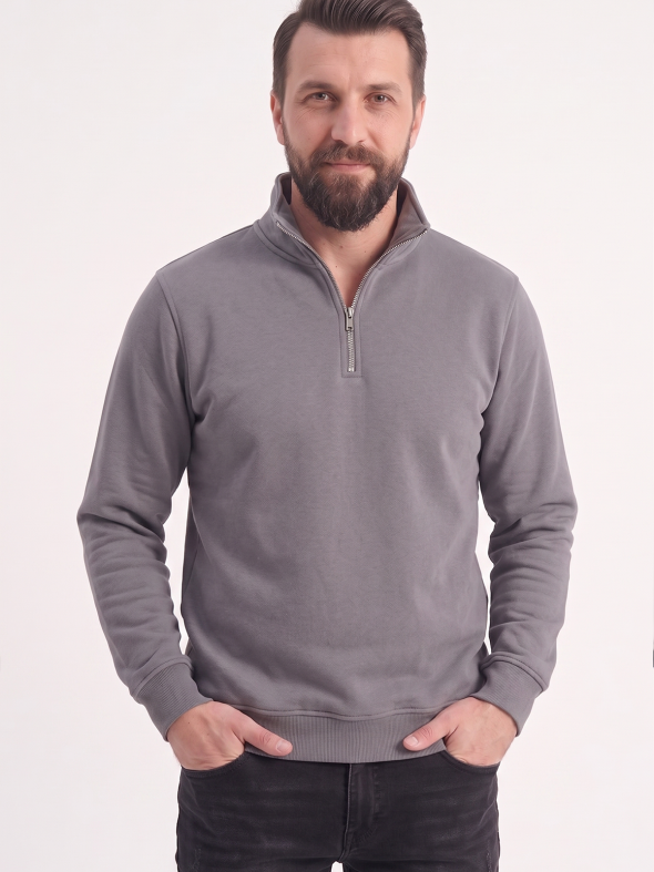 Gri Dik Yaka Yarım Fermuarlı İş Sweatshirt 3 İplik