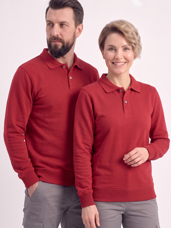 Kırmızı Polo Yaka İş Sweatshirt 3 İplik Şardonlu