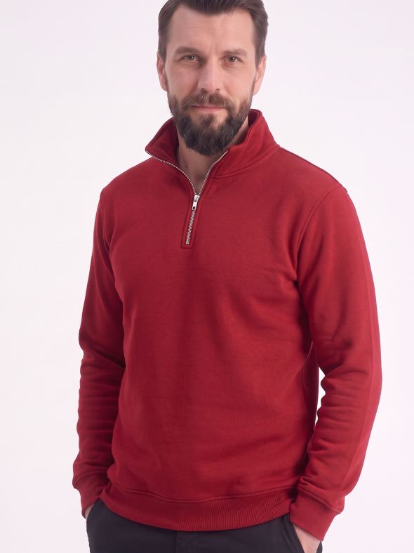 Kırmızı Dik Yaka Yarım Fermuarlı İş Sweatshirt 3 İplik Şardonlu