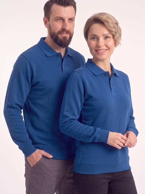 Saks Mavisi Polo Yaka İş Sweatshirt 3 İplik Şardonlu
