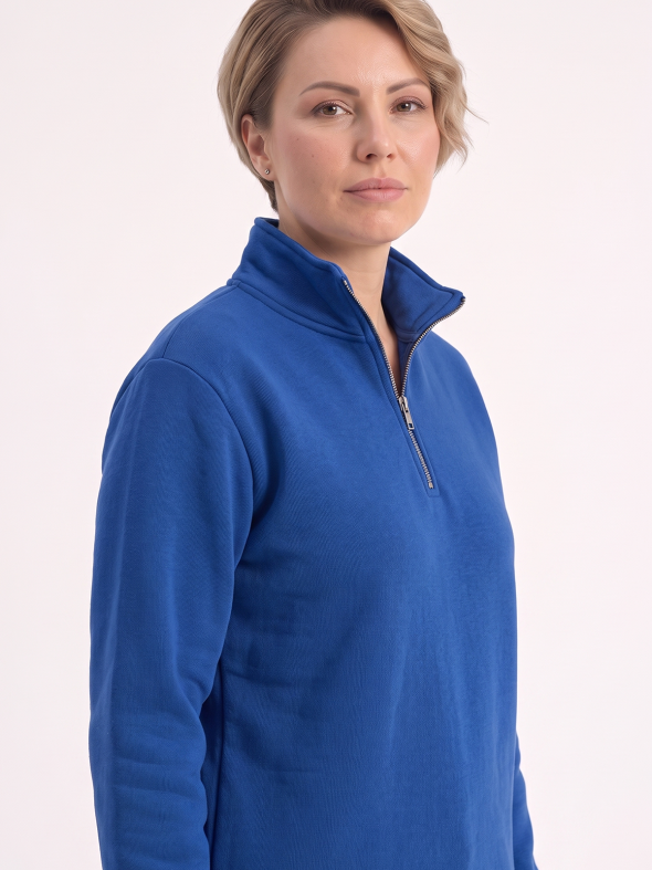 Saks Mavisi Dik Yaka Yarım Fermuarlı İş Sweatshirt 3 İplik Şardonlu