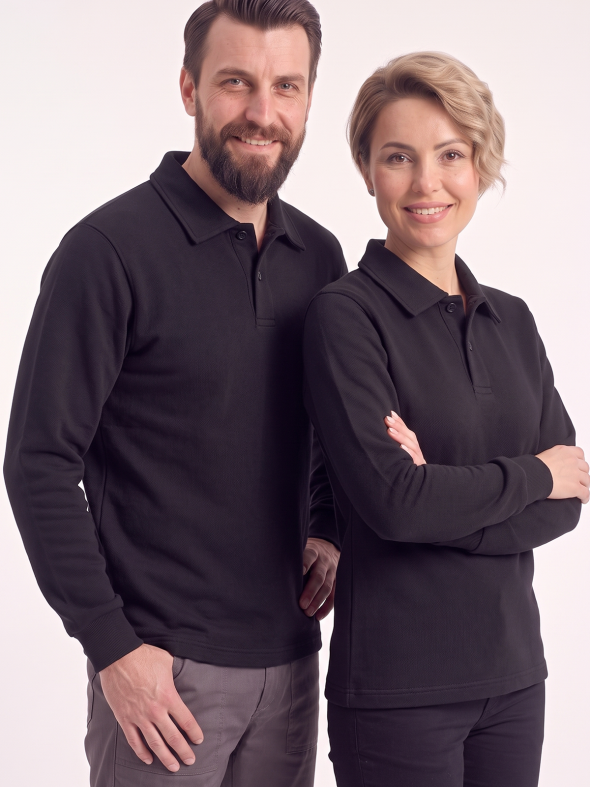 Siyah Polo Yaka İş Sweatshirt 3 İplik Şardonlu