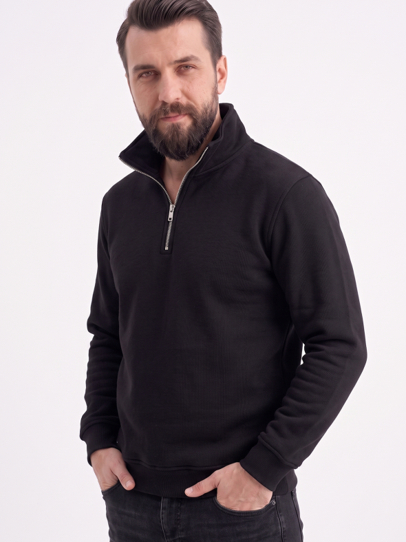Siyah Dik Yaka Yarım Fermuarlı İş Sweatshirt 3 İplik