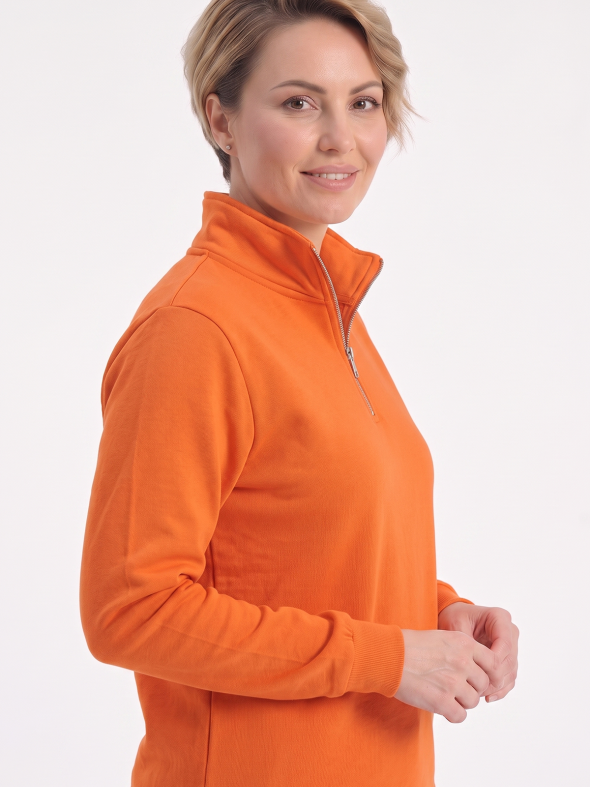 Turuncu Dik Yaka Yarım Fermuarlı İş Sweatshirt 3 İplik