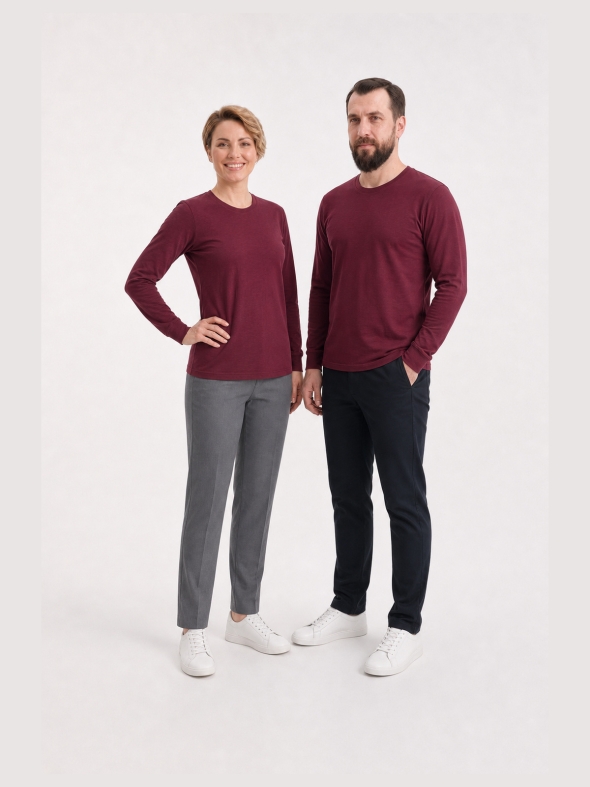Bordo %100 Pamuk Penye Yuvarlak Yaka T-shirt Uzun Kol
