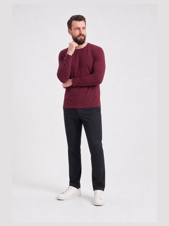 Bordo %100 Pamuk Penye Yuvarlak Yaka T-shirt Uzun Kol