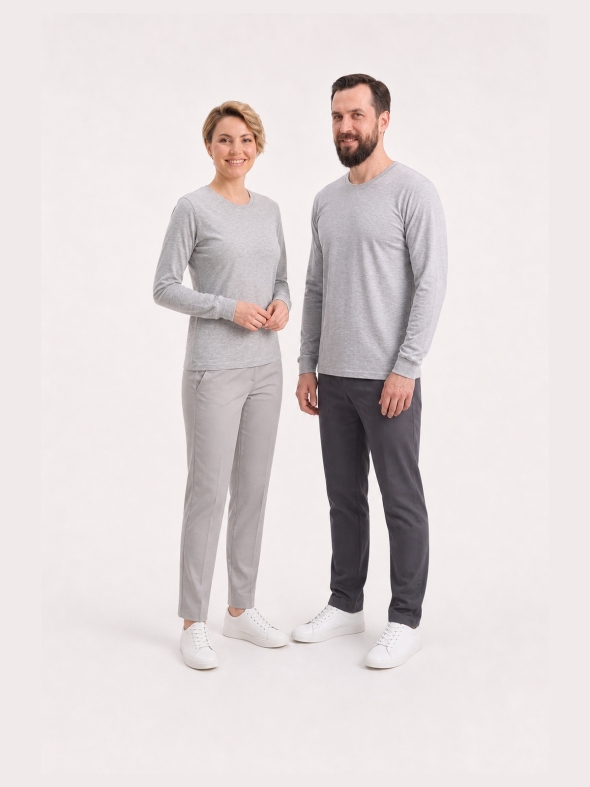 Gri Melanj %100 Pamuk Penye Yuvarlak Yaka T-shirt Uzun Kol