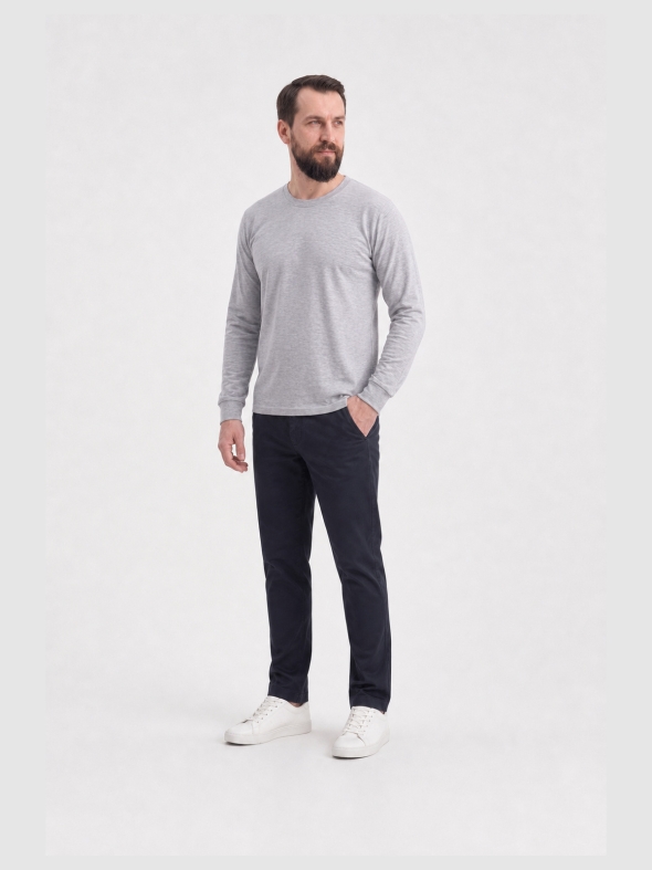 Gri Melanj %100 Pamuk Penye Yuvarlak Yaka T-shirt Uzun Kol
