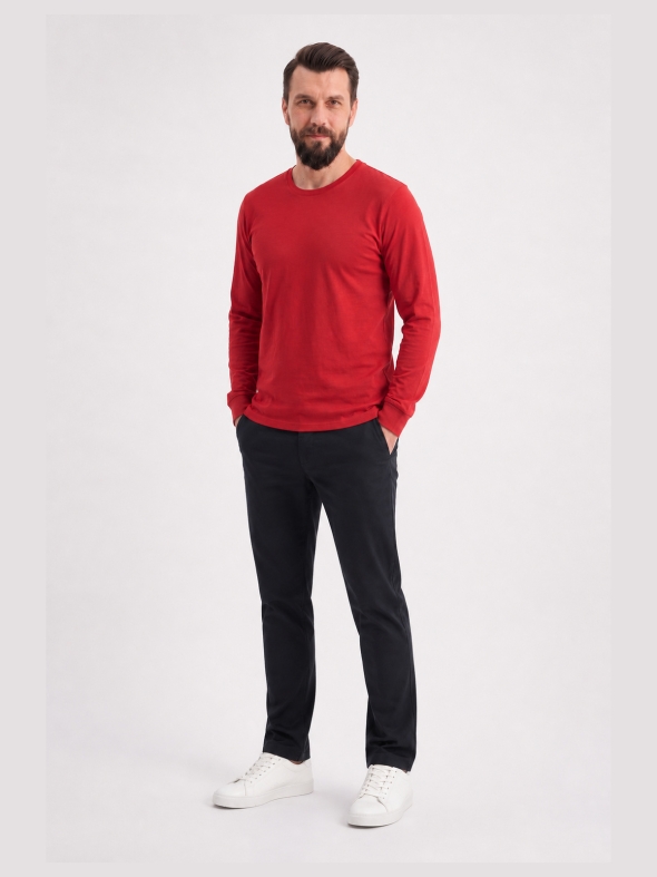Kırmızı %100 Pamuk Penye Yuvarlak Yaka T-shirt Uzun Kol
