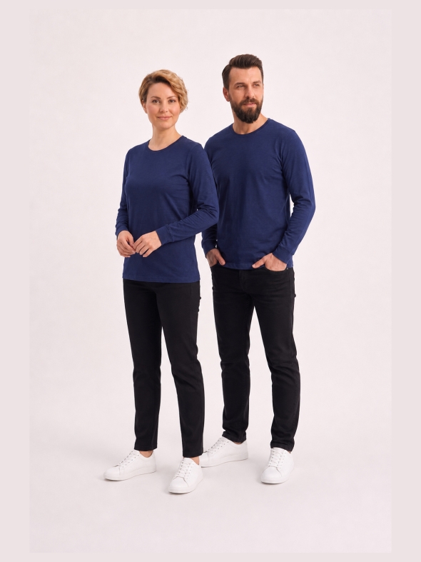 Lacivert %100 Pamuk Penye Yuvarlak Yaka T-shirt Uzun Kol