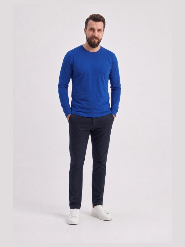 Saks Mavisi %100 Pamuk Penye Yuvarlak Yaka T-shirt Uzun Kol