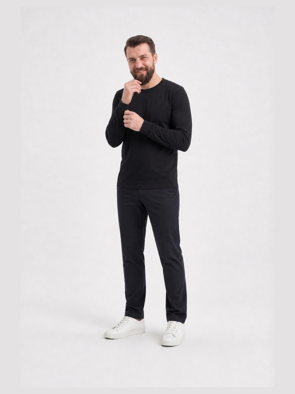Siyah %100 Pamuk Penye Yuvarlak Yaka T-shirt Uzun Kol