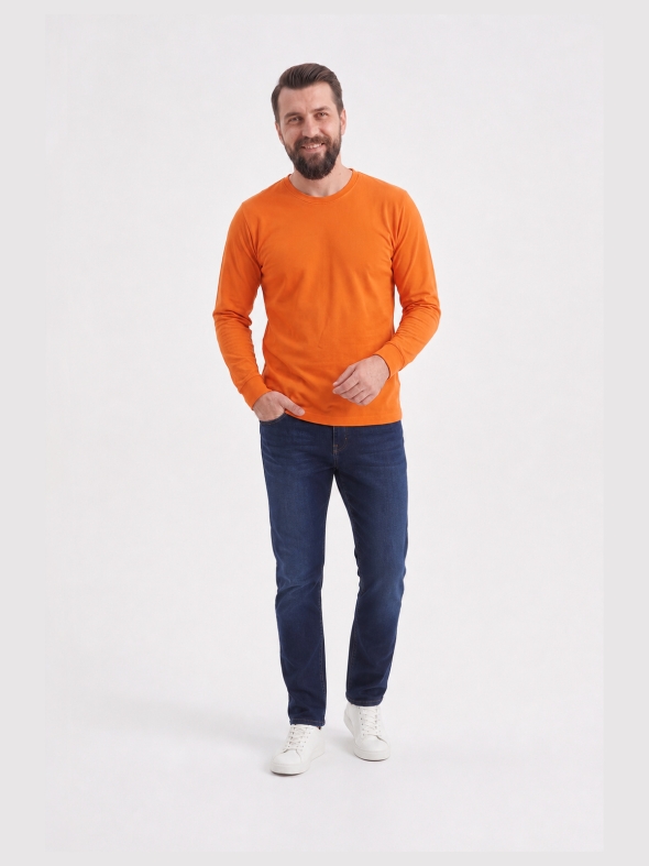 Turuncu %100 Pamuk Penye Yuvarlak Yaka T-shirt Uzun Kol