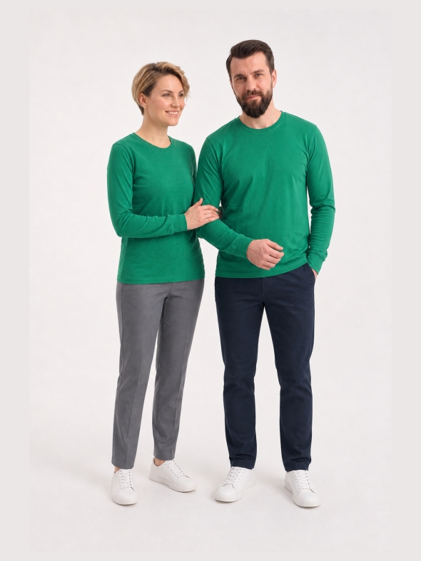 Brezilya Yeşili %100 Pamuk Penye Yuvarlak Yaka T-shirt Uzun Kol
